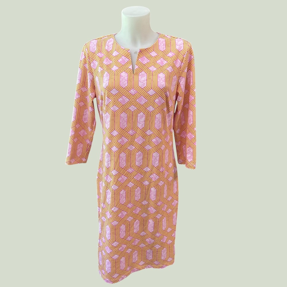 J. McLaughlin Carly Cabana Catalina Cloth Dress Geometric Print sz L Orange Pink